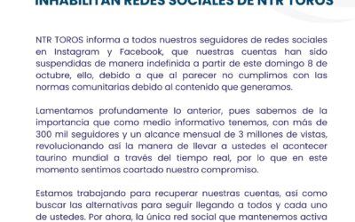 INHABILITAN CUENTAS DE NTR TOROS #NOALACENSURA